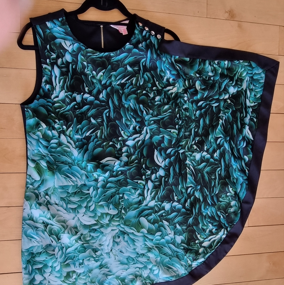 Ted Baker Draped Black Dress w/ Green Leaves